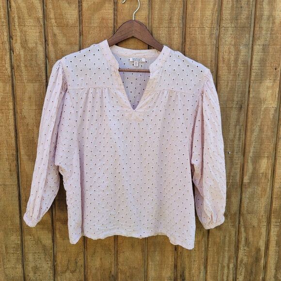 Badgley Mischka Lt Pink VNeck Eyelet Blouse Womens Size L - Picture 1 of 9
